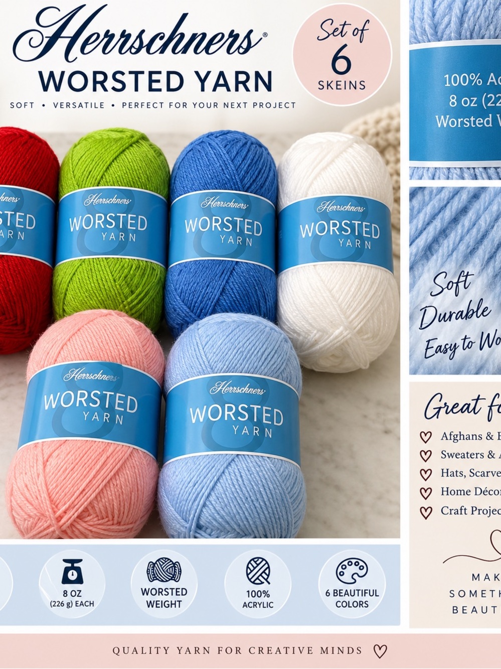 Worsted Yarn Set in Blue, Pink, White, Red, Green, Light Blue